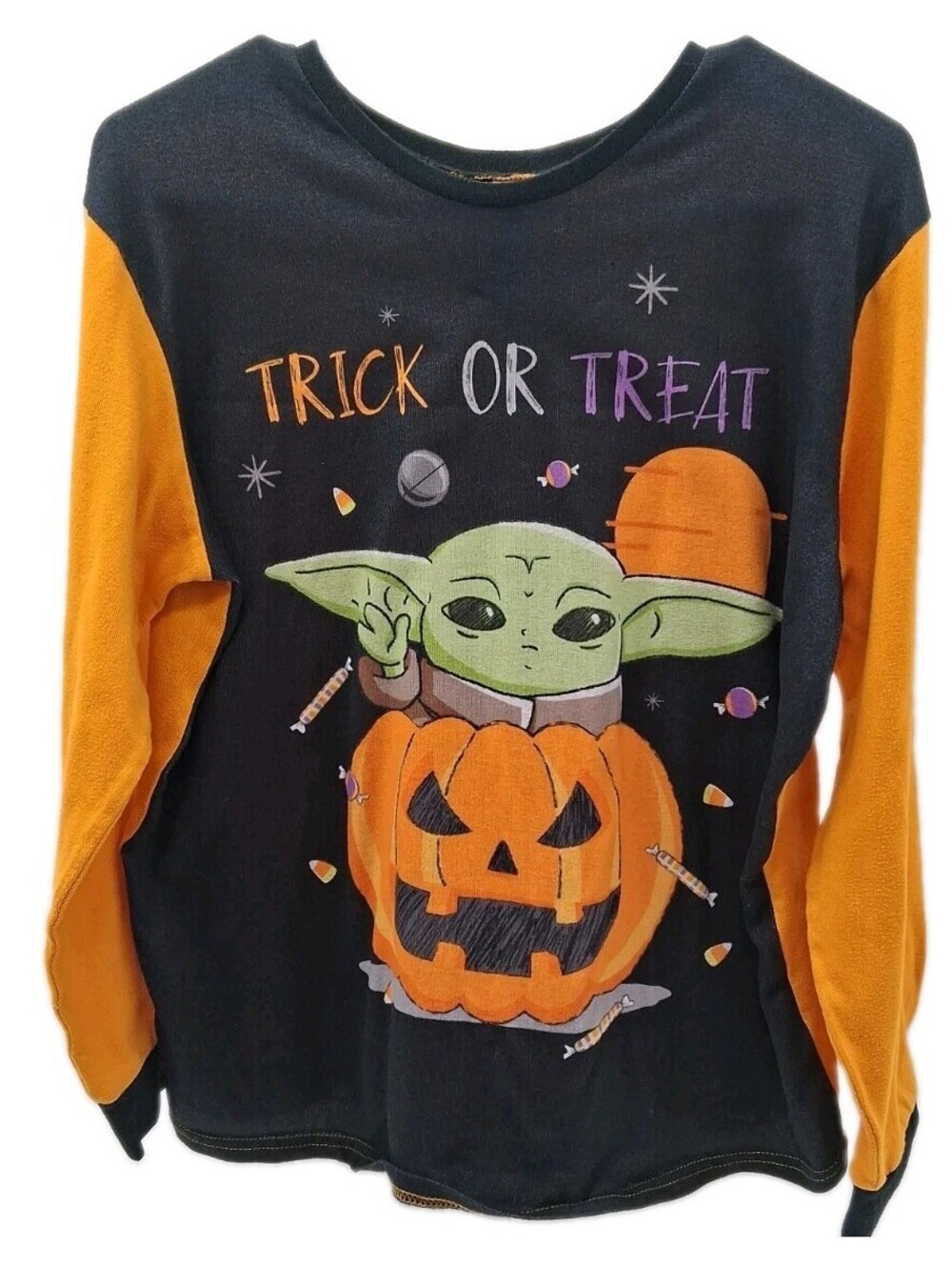 Star Wars Baby Yoda Trick or Treat Halloween Pajama Shirt Women's Medium